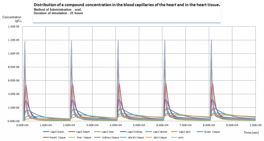 Graph 3. Dynamics of concentration of a compound in several compartments for 25 hours period.